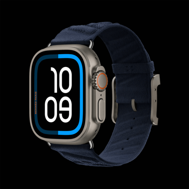 The first-of-its-kind Apple Watch Hermès Ultra 2 combines a natural titanium case with a new Hermès En Mer band in Bleu Nuit, a dark navy color, and a complementary Hermès Maritime watch face.