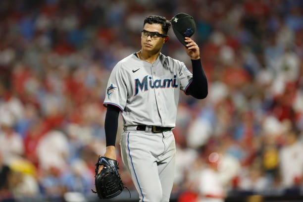 Jesus Luzardo of the Miami Marlins reacts after the fourth inning against the Philadelphia Phillies in Game One of the Wild Card Series at Citizens...