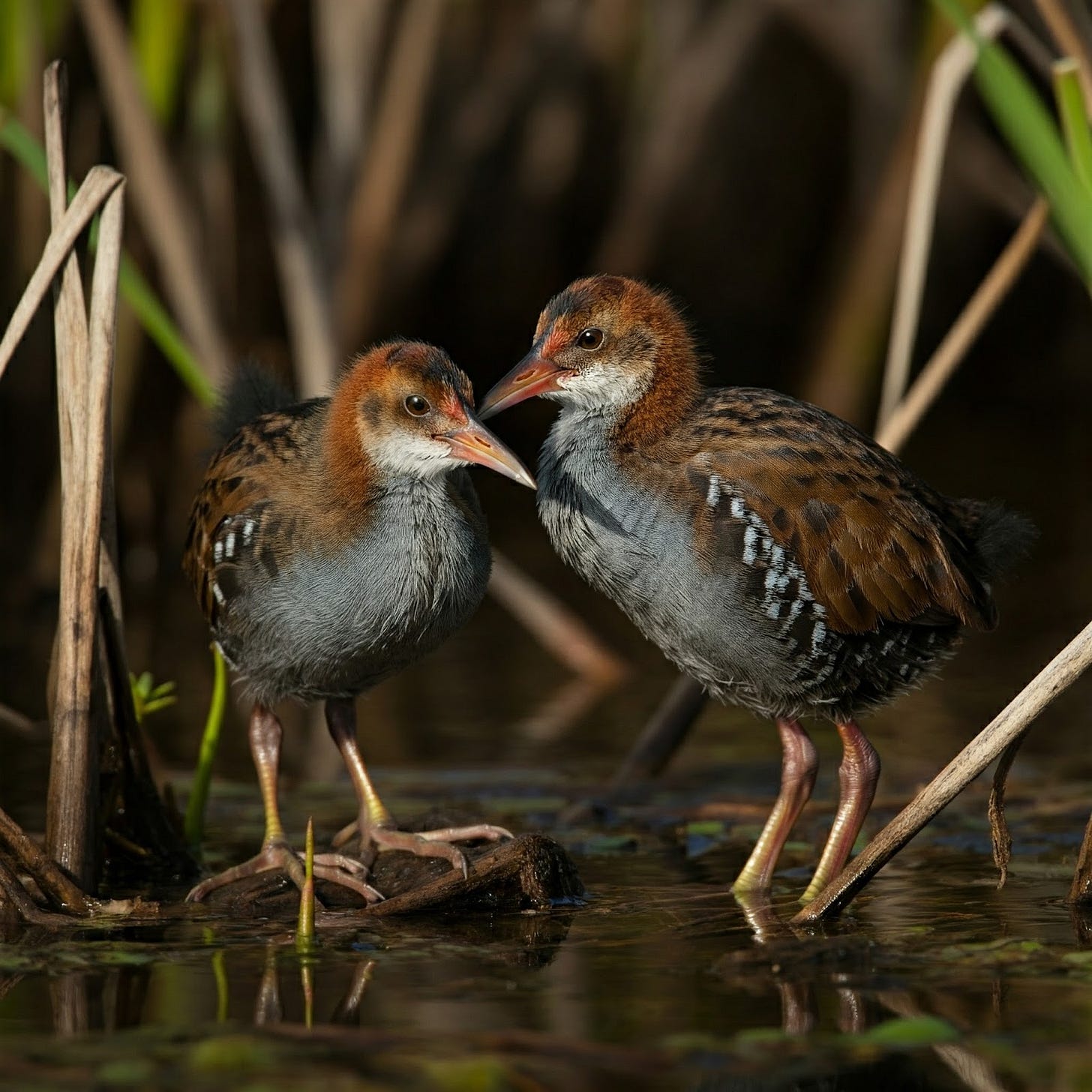 Photo of a pair of Black Rails hiding in Smooth Cord grasses