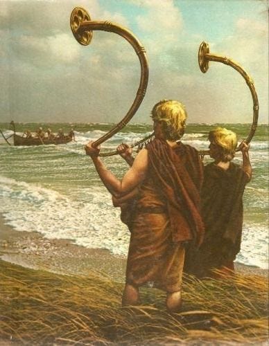 This may contain: two people walking on the beach with their arms in the air and one person holding an instrument