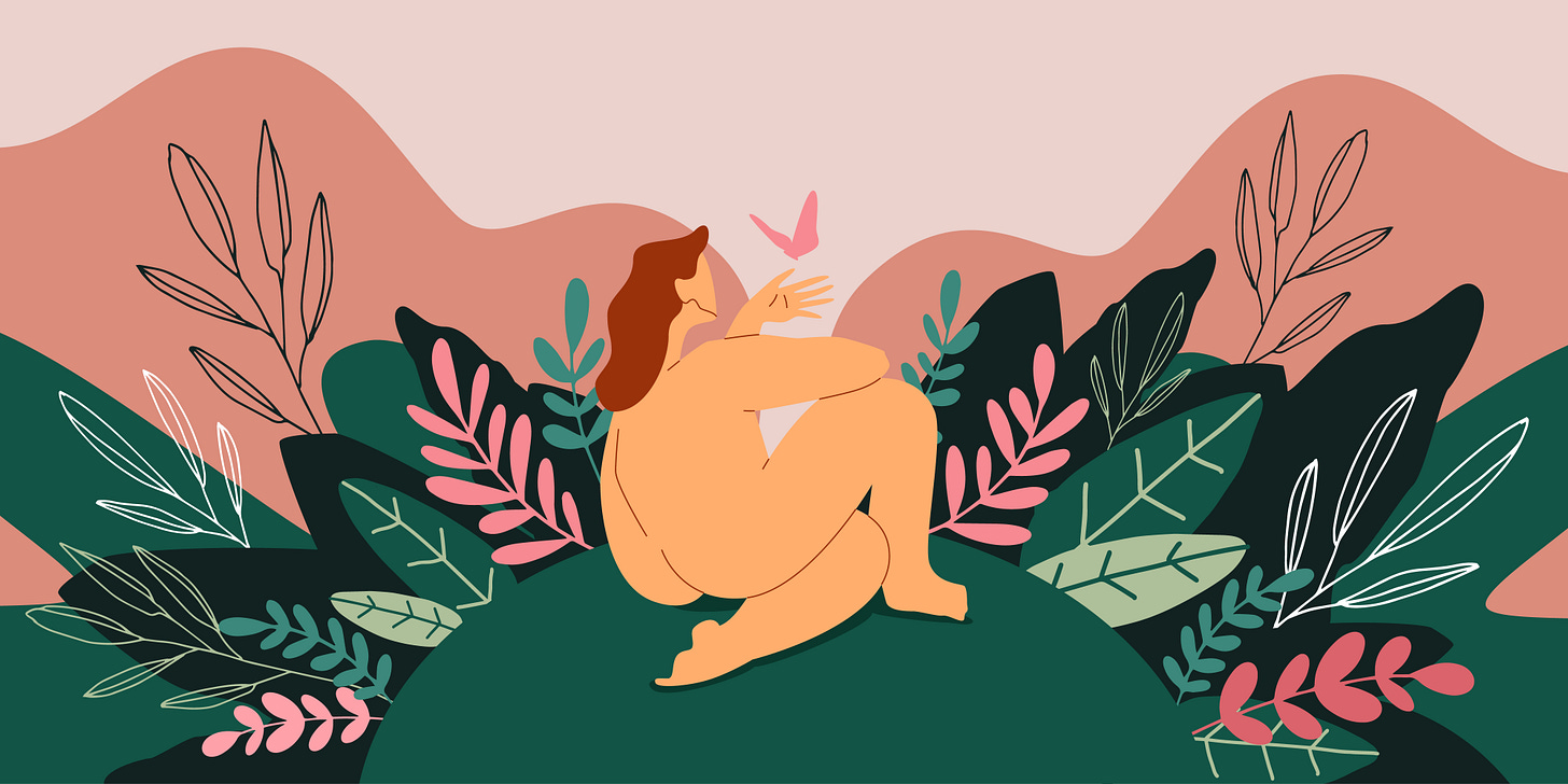 Expressive vector style art of n androgynousa nude figure holding their hand out to a butterfly on a verdant hill.  