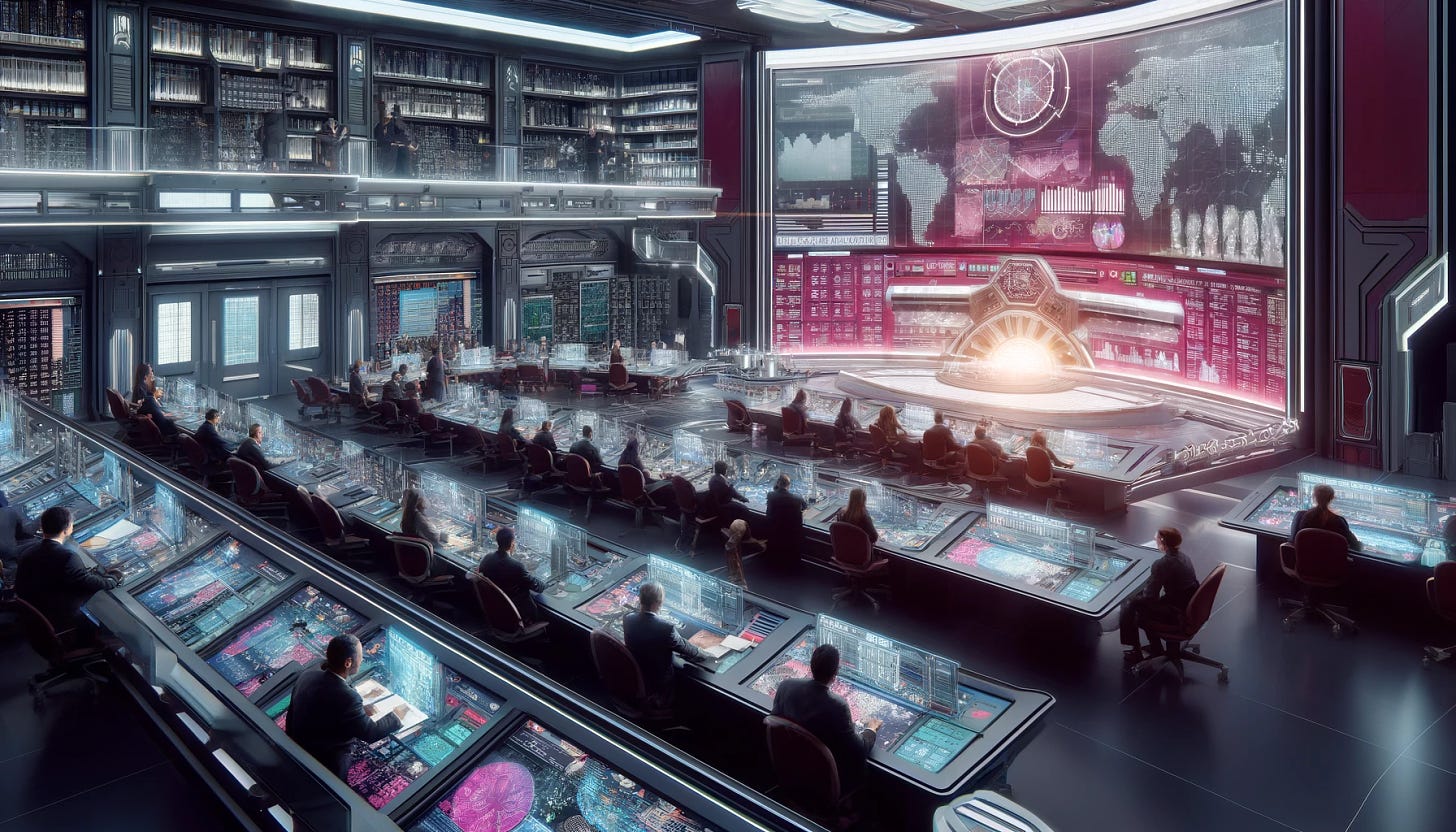 Create a photorealistic image of Stafford Beer's vision of a cybernetic macroeconomic control room. The room is brightly colored with maroon and grey as prominent accent colors. The control room features an array of futuristic consoles with large screens displaying various economic data, graphs, and real-time analytics. In the background, there are shelves filled with books and a large digital world map on the wall. People are engaged in intense discussions, monitoring the data, and making decisions. The overall atmosphere is one of high-tech efficiency and dynamic interaction. The image is in landscape format, capturing the vibrancy and complexity of the control room, and suitable to illustrate the 'Grasping Reality' weblog.