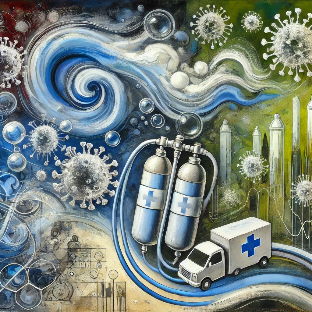 An abstract painting representing the impact of medical oxygen and pandemic response. The artwork features swirling blue and white shapes symbolizing life-saving oxygen, contrasted with darker, chaotic forms representing the crisis of the pandemic. Hints of green and yellow suggest hope and recovery, while structured, flowing lines convey the organized response and infrastructure improvements. The composition is dynamic, capturing both the urgency and the positive long-term effects of investment in healthcare.