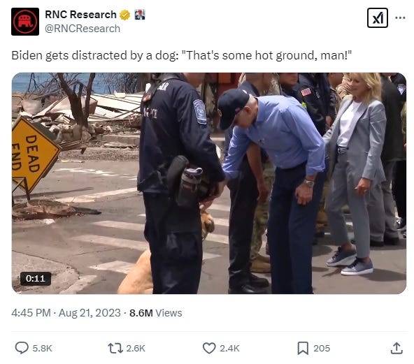 RNC Research tweet: "Biden gets distracted by a dog: 'That's some hot ground, man!'"