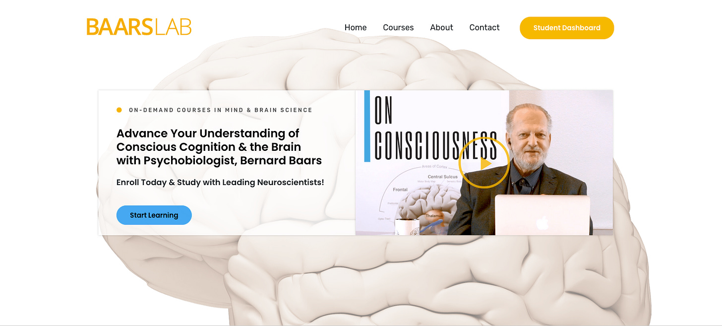 3D image of a white human brain on white background with course details and a male teacher sitting at a table with his laptop