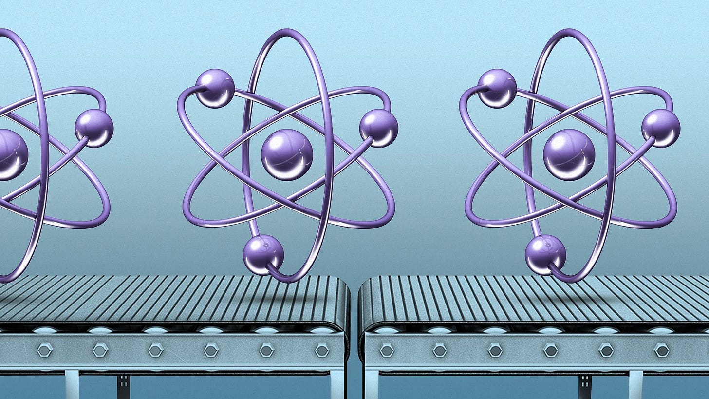Illustration of atoms floating above a conveyor belt