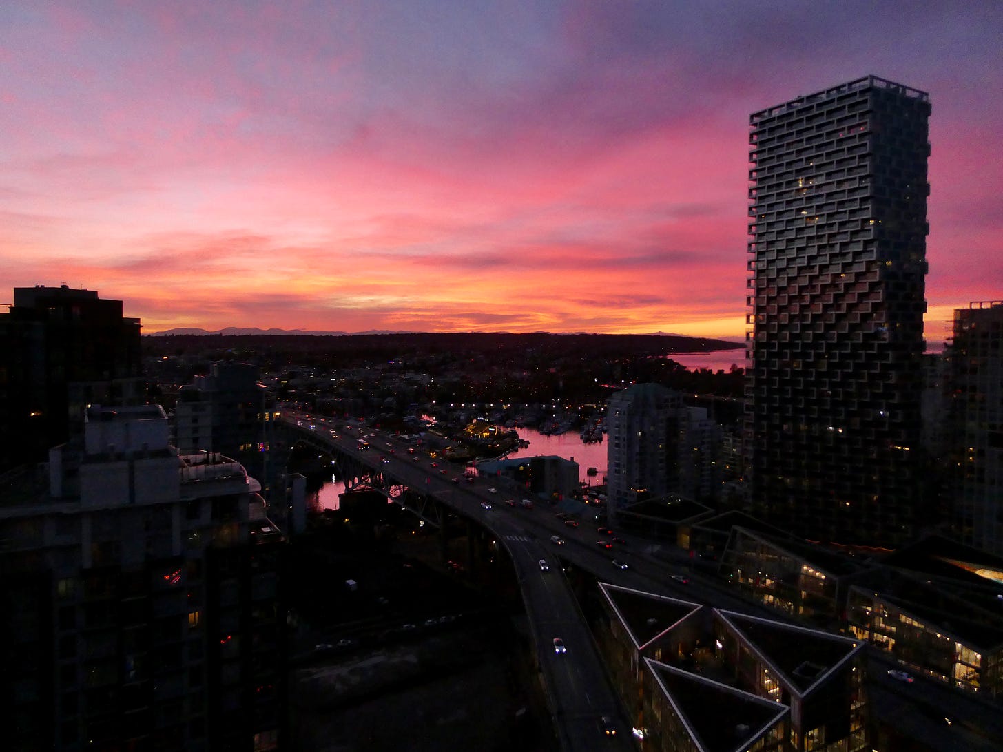 Purple, pink and orange sunset over Vancouver skyline