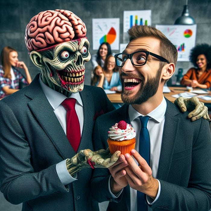 An office scene with a quirky, humorous twist: a zombie dressed in a suit with an exposed brain, smiling as it stands beside a cheerful man in a suit who is holding a cupcake. The zombie has a hand on the man’s shoulder, creating a mix of friendly and eerie vibes. The background shows other office workers gathered around a table, discussing charts and graphs, symbolising a typical office environment. The image plays on the metaphor of ‘wage zombies’ in the corporate world.