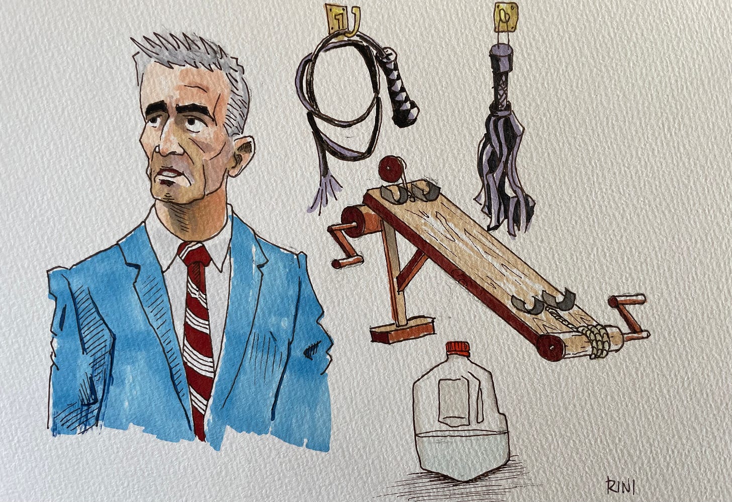 FBI veteran George Pirot and the tools of his trade -- whip, rack, water jug