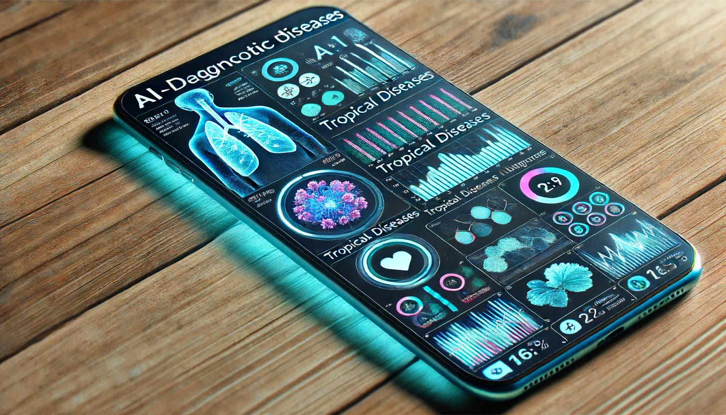 A futuristic interface on a smartphone screen, showing AI-generated diagnostic results for tropical diseases. The interface includes detailed data charts, graphs, and images of medical conditions. The smartphone is in a 16:9 format, emphasizing the high-resolution display. The design is sleek and modern, with vibrant colors and clear visualizations, highlighting the use of advanced technology in medical diagnostics.