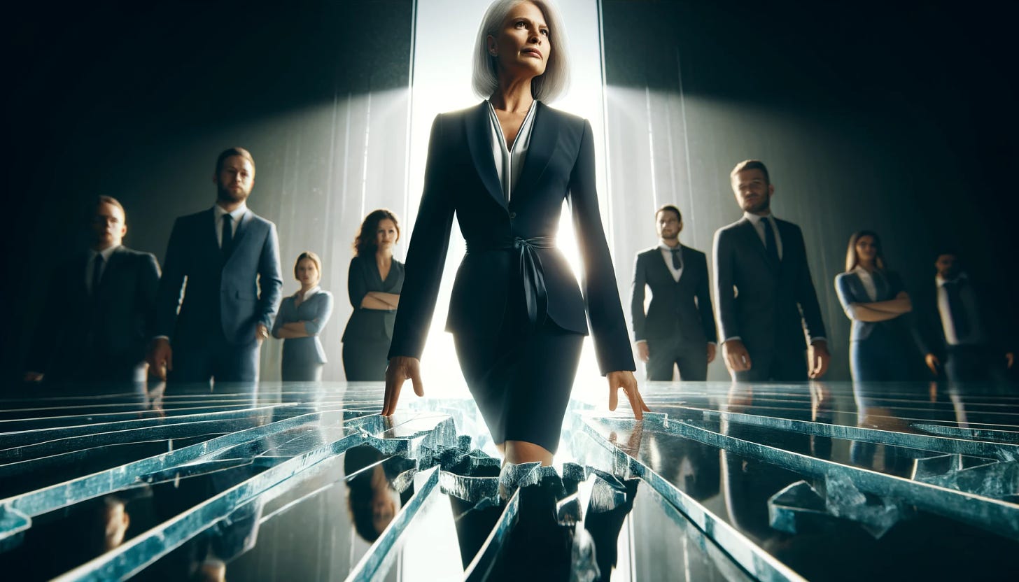 A powerful, slightly older, well-dressed female businesswoman standing on a cracking glass floor. She exudes confidence, wearing a stylish suit, and stands tall with a commanding presence. Behind her on a more solid surface are multiple people, possibly her colleagues or competitors, dressed in business attire, looking devious and scheming. The scene is dramatic and tense, capturing the moment the glass floor is starting to crack under her feet. The image is rendered in a cinematic art style, with dynamic lighting and a sense of depth, emphasizing the fragility and strength in the scene.