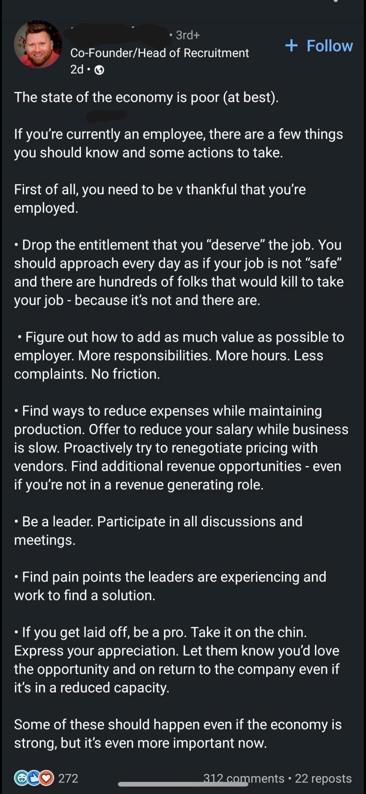 r/LinkedInLunatics - Drop the entitlement and offer to reduce your salary <3
