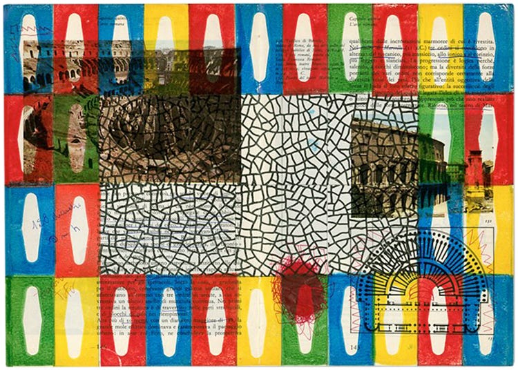 Gianpaolo Pagni, STORIA DELL'ARTE ITALIANA VOL.1 (n.020), (rubber stamp, pencil, ballpoint pen, fountain pen, and fluorescent highlighter on school book), 2024 [© Gianpaolo Pagni]