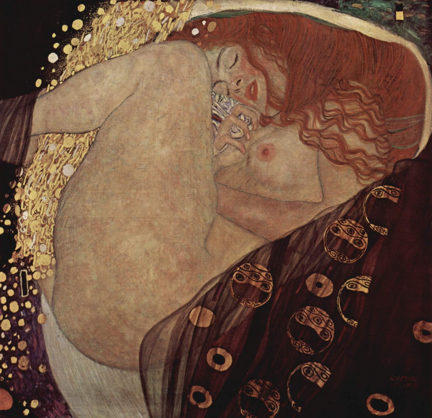 Oil painting of nude red haired woman nedtles in gold and burgundy surroundings