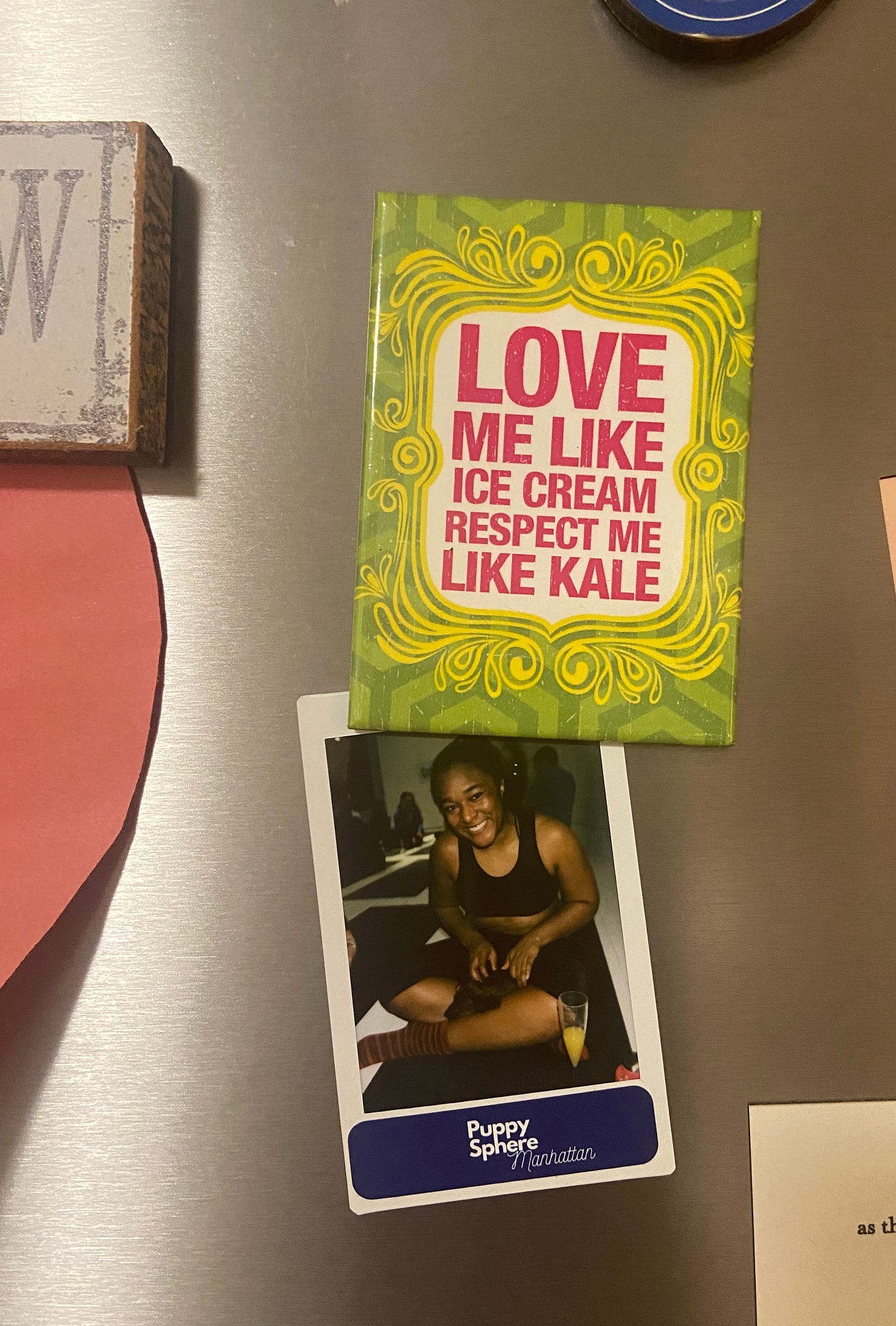 a polaroid of Alexa, hung on her magnet by a magnet that says “Love Me Like Ice Cream. Respect Me Like Kale. In the photo, Alexa is holding a sleeping daschund puppy in her lap, and smiling widely at the camera. She is in a yoga studio called Puppy Sphere.