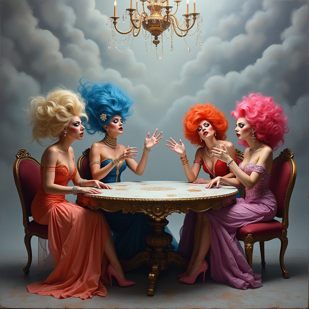 several drag queens argue around a table