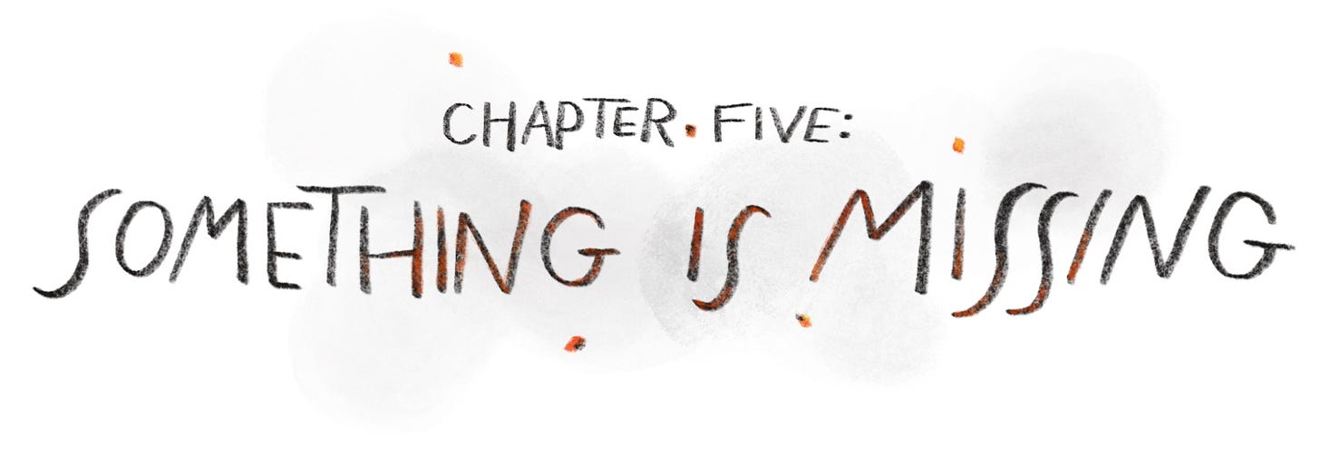 Handwritten title reads "Chapter five: Something is Missing"