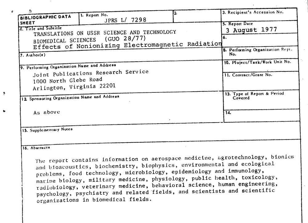 1977 CIA Document | EFFECTS OF NOIONIZING ELECTROMAGNETIC RADIATION
