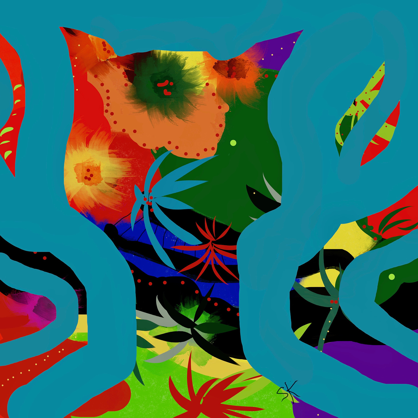 Abstract multicolored impression of a cat's head by Artist Sherry Killam