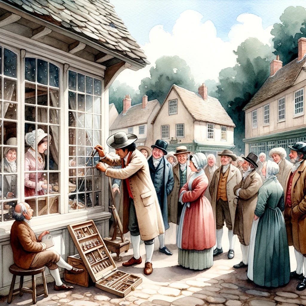 Watercolor painting of a peaceful 18th-century market scene. The focal point is a charming shop, where a man of Asian descent is fixing the window glass. Surrounding him, a crowd of diverse townsfolk in period clothing look on with interest, discussing the repair.