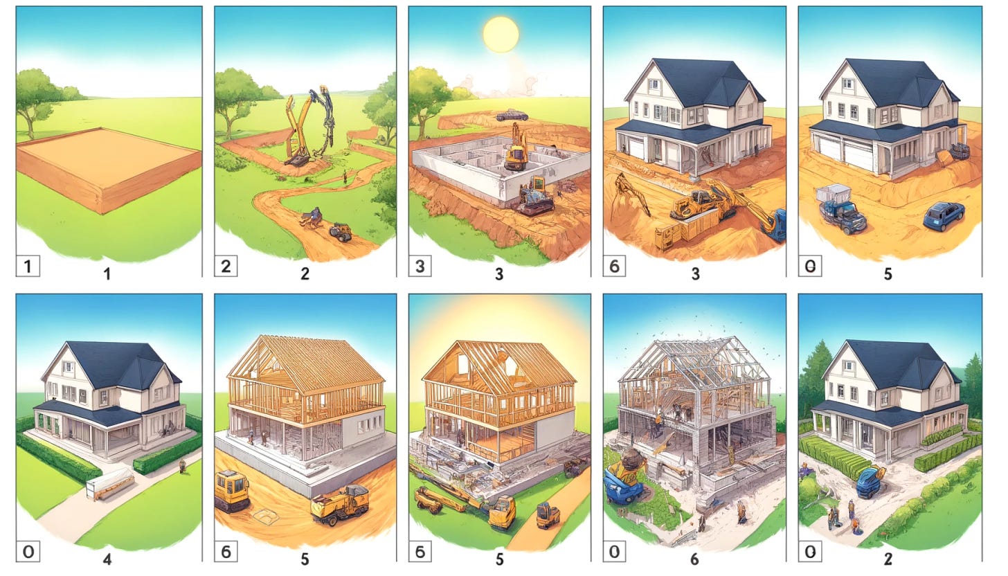 Create an illustrative diagram in manga anime style that visually represents the sequential stages of building a home. The artwork should consist of six panels, each depicting a different phase of construction: 1) An untouched piece of land, showing its natural state. 2) Land clearing, with machinery or workers removing vegetation and leveling the ground. 3) Laying the foundation, featuring excavation and the pouring of concrete. 4) Construction of the main structure, highlighting the framing process with walls and floors being erected. 5) Installing the roofing, with the roof being added to the structure. 6) Adding details and finishes, including windows, doors, and exterior painting, transforming the structure into a fully realized home. Each panel should be clearly labeled and presented in a vibrant, manga anime style, making the home-building process engaging and easy to understand.