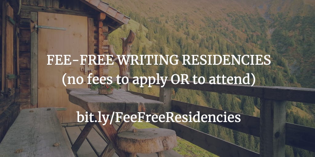 against a backdrop of a mountain cabin, text reads "FEE-FREE WRITING RESIDENCIES (no fees to apply OR to attend). bit.ly/FeeFreeResidencies