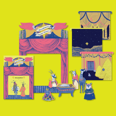 Advent Theater House set featuring images of the stage, booklet, and nativity characters, which are a variety of little animals in nativity costumes, such as one of the wise men, which appears to be a toad.