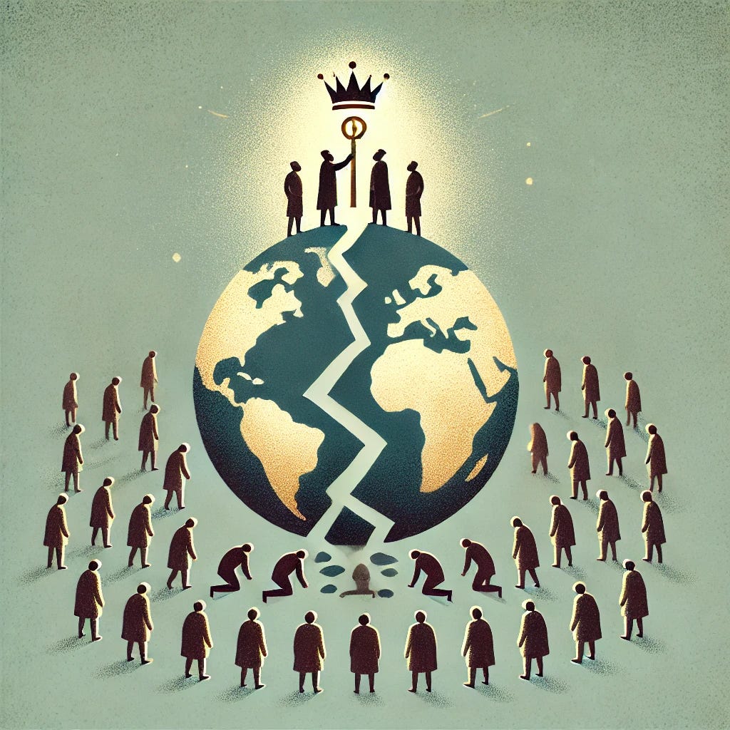 A very simple and symbolic artistic illustration representing societal division caused by rulers empowering minority groups. The image features a cracked globe with two groups of figures on either side of the crack: one smaller, elevated group receiving a glowing symbol of power (e.g., a key or crown), and a larger group below looking up with visible frustration or anger. The style is clean and minimalist, with muted colors and clear shapes, ideal for an article discussing historical patterns of division and conflict.