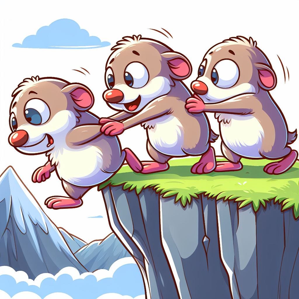 Cartoon drawing of lemmings pushing a peer off a cliff