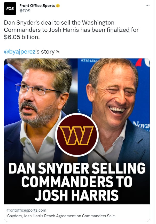 Dan Snyder nears deal to sell Washington Commanders for $6 billion, reports  ESPN