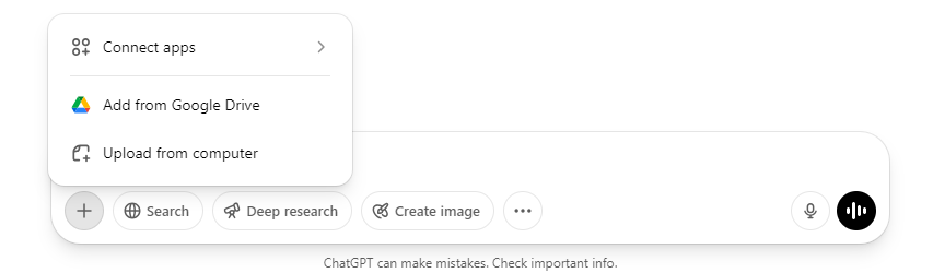 Upload from computer or Add from Google Drive ChatGPT