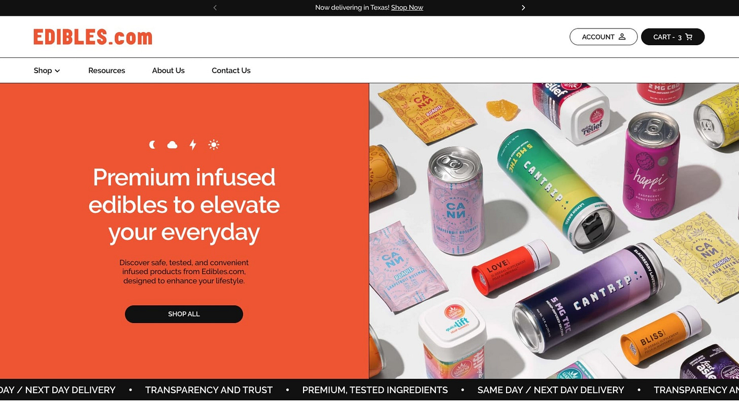 The homepage for Edibles.com, the hemp marketplace from the parent company of Edible Arrangements