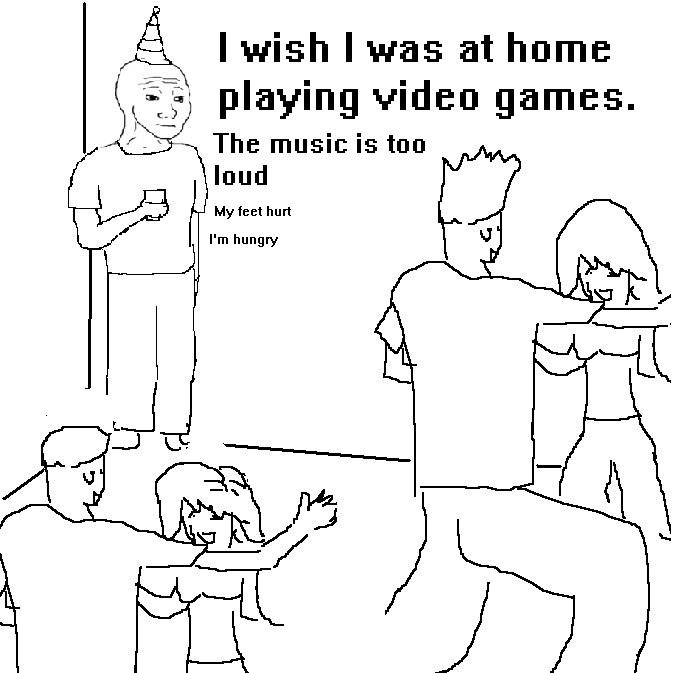 wish was at home playing video games. The music is too loud My feet hurt I'm hungry white line art person mammal text black and white vertebrate cartoon child human behavior standing head male joint hand