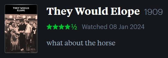 screenshot of LetterBoxd review of They Would Elope, watched January 8, 2024: what about the horse