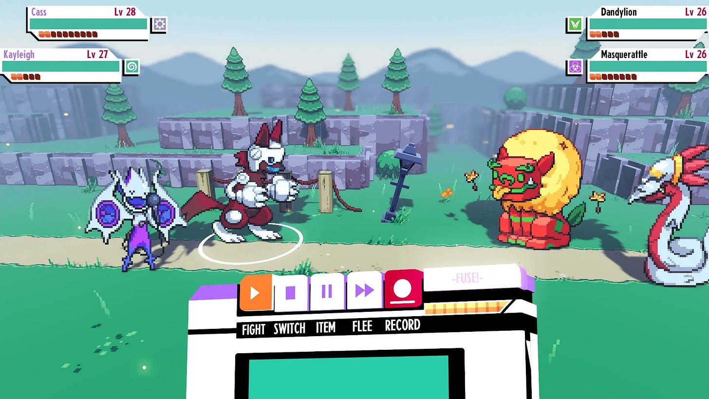May be an image of video games and text that says 'Cass 28 Kayleigh Lv27 27 .. Dandylion Lv . Masquerattle Lv . -FUSE!- 00000 FIGHT SWITCH ITEM FLEE RECORD'