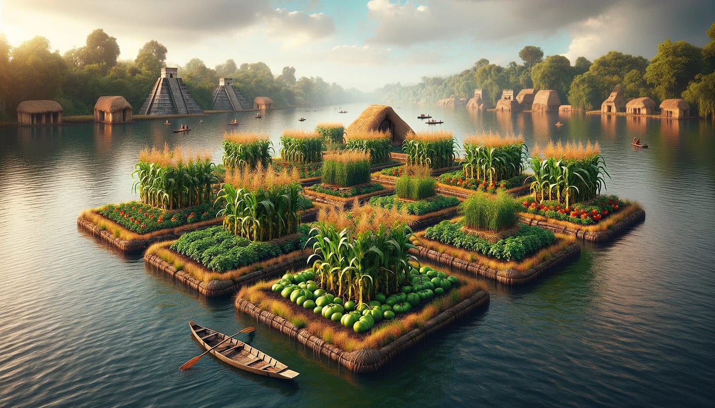 Artistic rendition of Aztec floating gardens, or Chinampas, teeming with corn and tomato plants on tranquil waterways