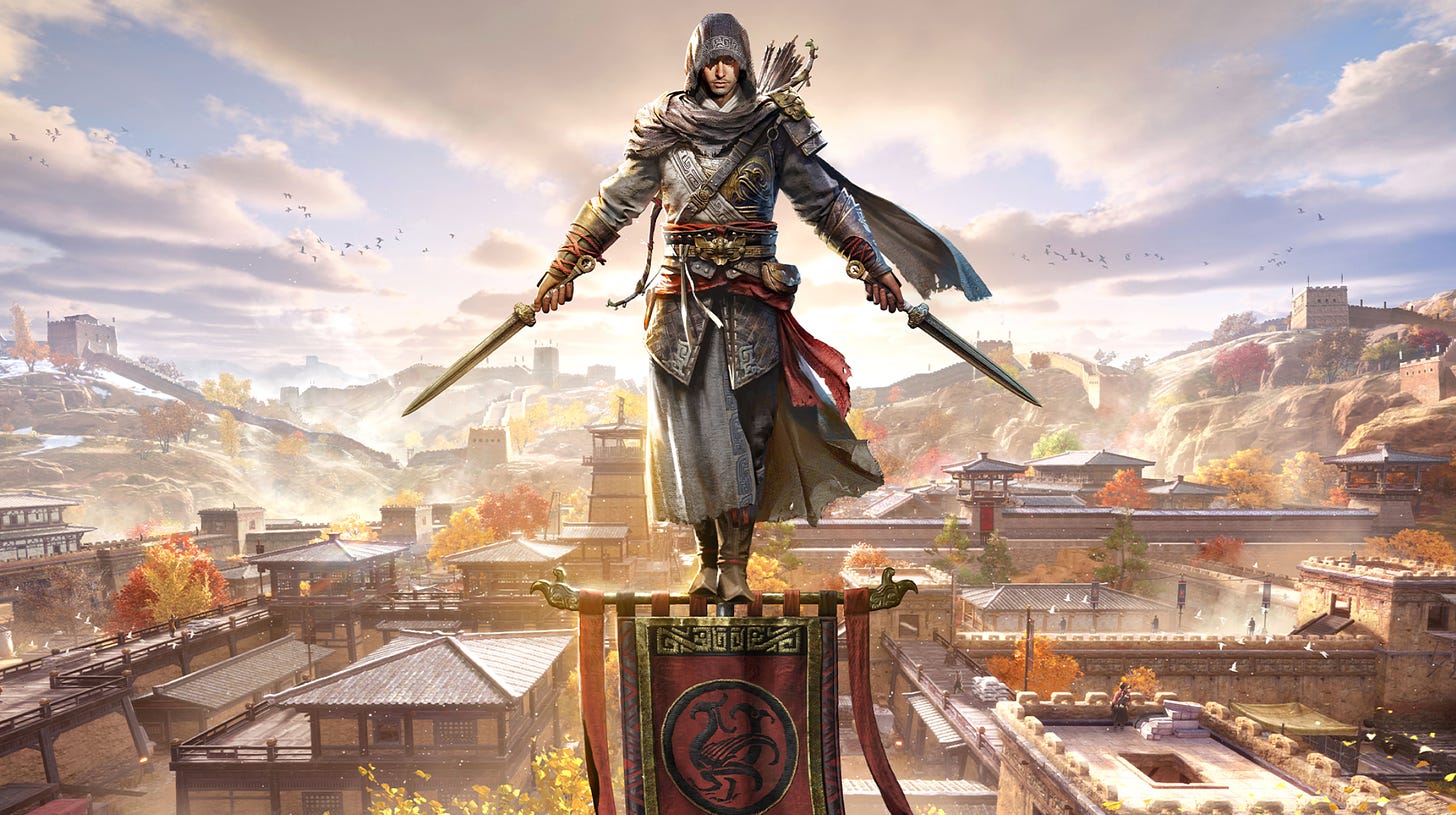 Illustration of a man in assassin robes standing atop a flag pole in front of an ancient Chinese cityscape