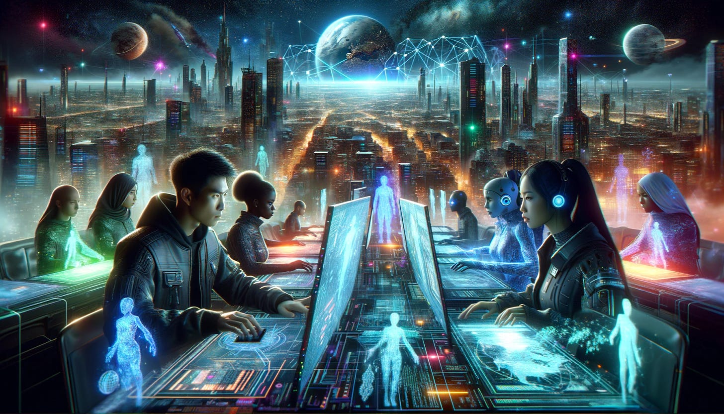 A futuristic depiction of a global digital war, set in a cyberpunk-inspired cityscape. The foreground features hackers from diverse backgrounds, one Asian male and one Black female, engaged in a virtual battle using advanced holographic interfaces. They are surrounded by multiple screens displaying code and digital maps. The background shows a sprawling city with neon lights and towering skyscrapers, under a dark, starry sky. The scene is illuminated by glowing data streams and digital effects, emphasizing a high-tech atmosphere.