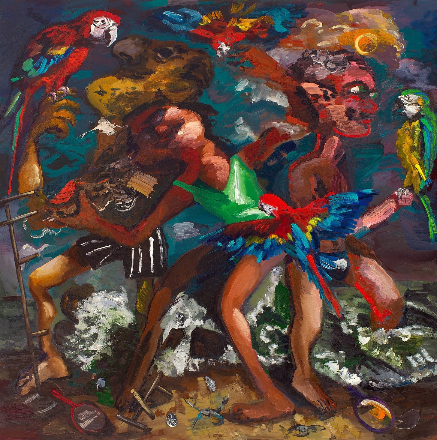 Parrots: A colorful expressionistic painting of three people standing on a beach among green and white breaking waves. Two of the people are holding large macaw parrots, and two more parrots are in flight around them. The figures blend into each other and into the sky and waves. Bits of mysterious detritus are underfoot.