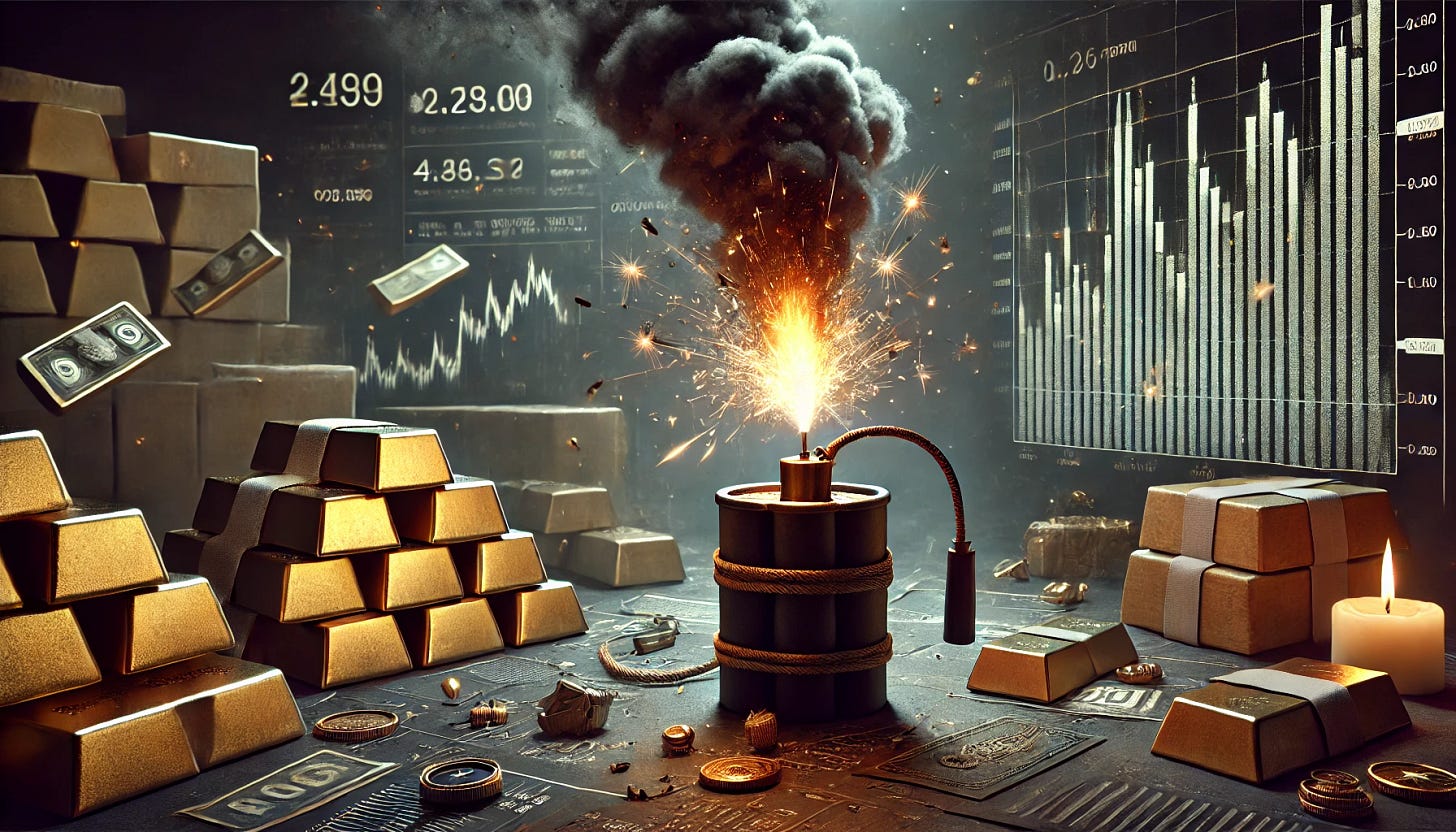 A tense scene of a lit fuse nearing a powder keg surrounded by stacks of gold bars and collapsing stock market charts, with dark smoke, flying sparks, and a sense of imminent explosion, cinematic, high-detail digital art, no text