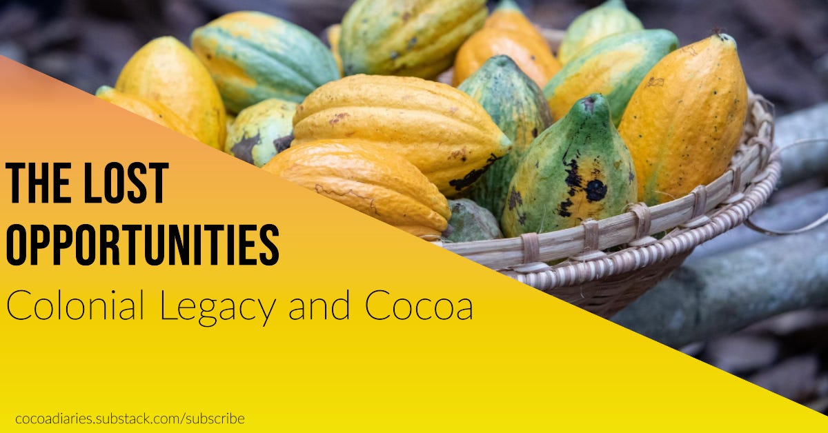 A banner image titled "THE LOST OPPORTUNITIES: Colonial Legacy and Cocoa." The background displays a close-up of vibrant cocoa pods in shades of green, yellow, and a touch of brown, resting in a woven basket. To the bottom left is a URL "cocoadiaries.substack.com/subscribe" set against a golden-yellow gradient, suggesting a call to action for viewers to subscribe.