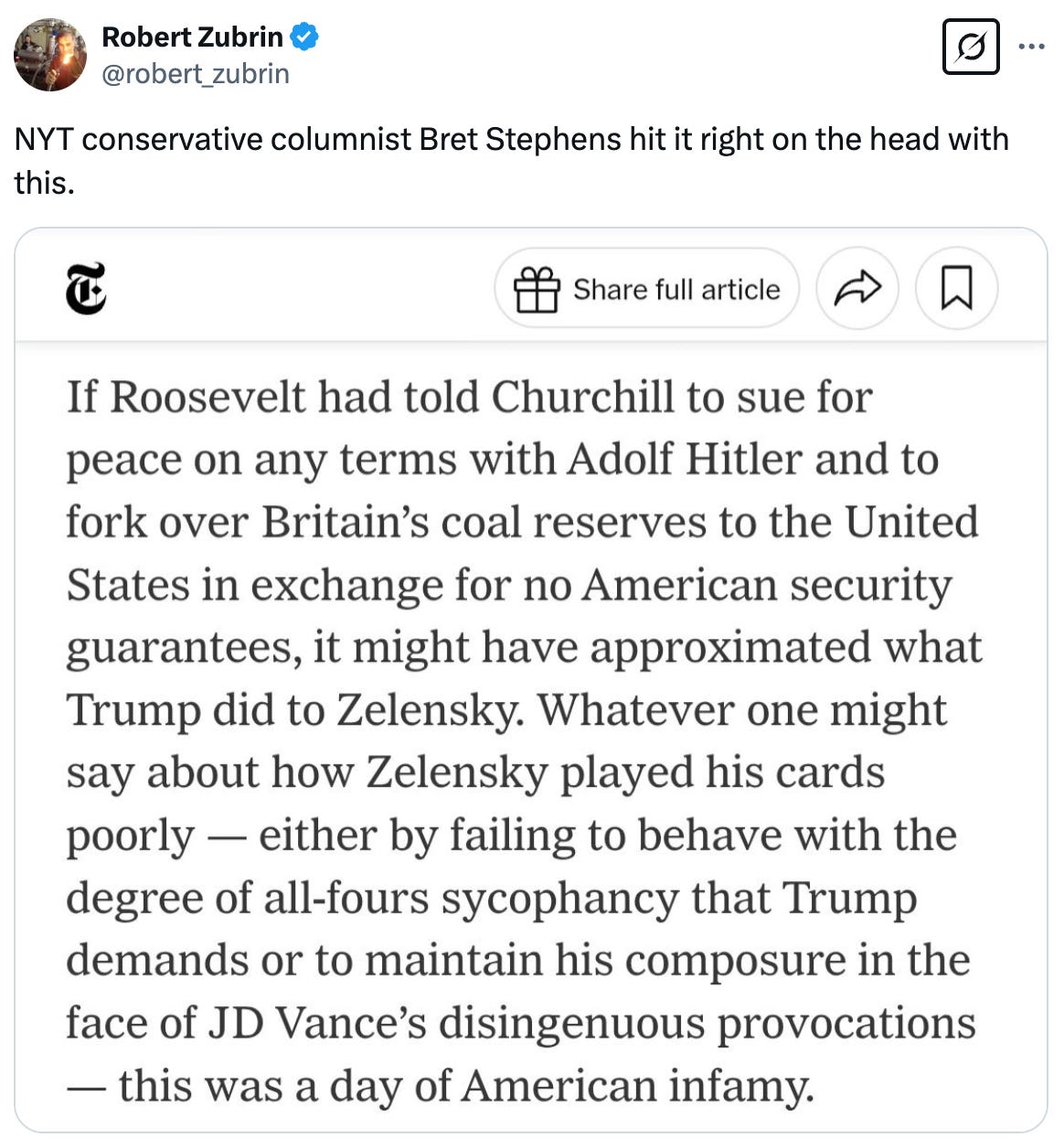 Post  See new posts Conversation Robert Zubrin @robert_zubrin NYT conservative columnist Bret Stephens hit it right on the head with this.
