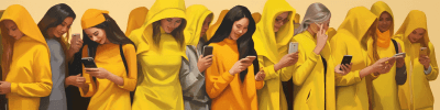 Midjourney: abstract art, a group of social media influencers, but they're all wearing yellow snapchat shirts and on their phones --ar 4:1 --v 5.1