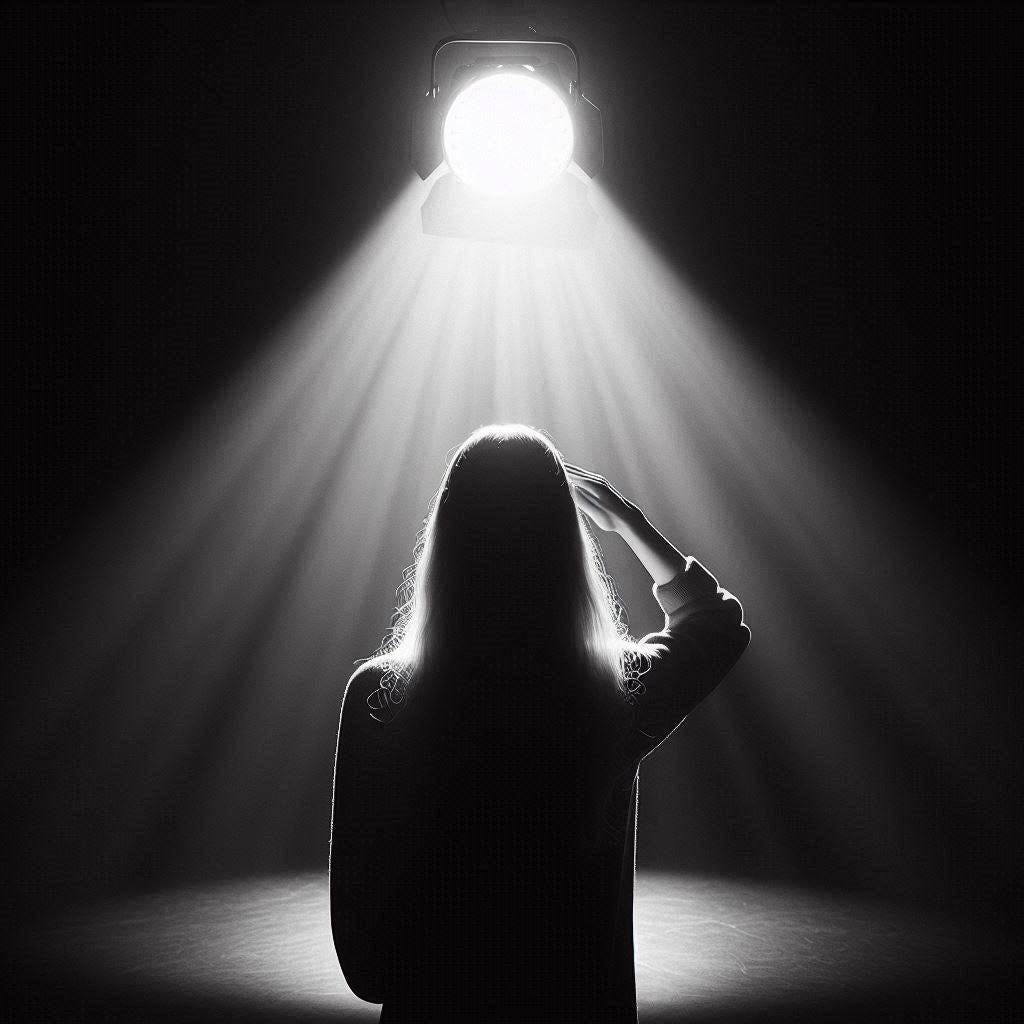 a minimalist black and white image of the glare of the spotlight falling on someone who shields their eyes from the light