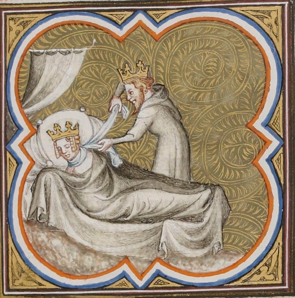 The queen Galswintha is sleeping on a bed. Her husband Chilperic is strangling her.