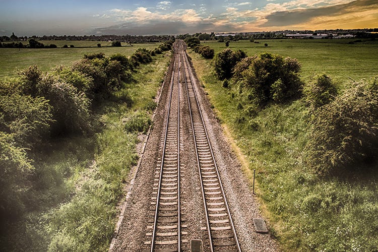Through a field green with grass and tall bushes, train tracks run through the center, disappearing in the horizon.