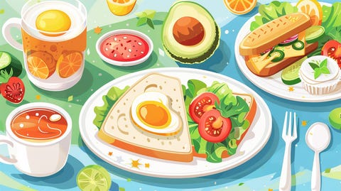 A playful clipart image of a table filled with a delicious lunch. The plate features fresh salad, a slice of bread, an avocado, an egg, coffee, and a glass of refreshment. The image uses bright colors to emphasize the appetizing nature of the meal.