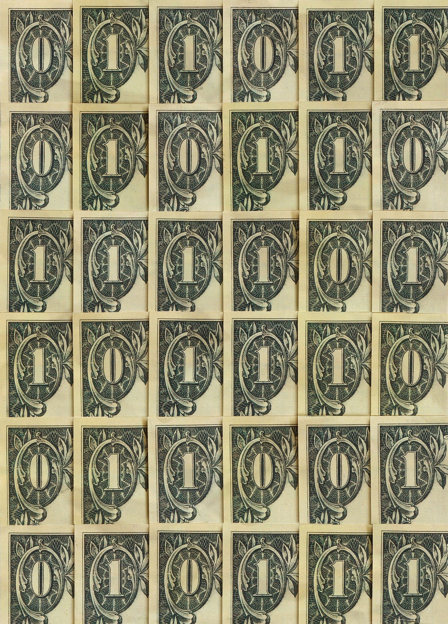 The corner of dollar bills laid out in a grid representing binary code.