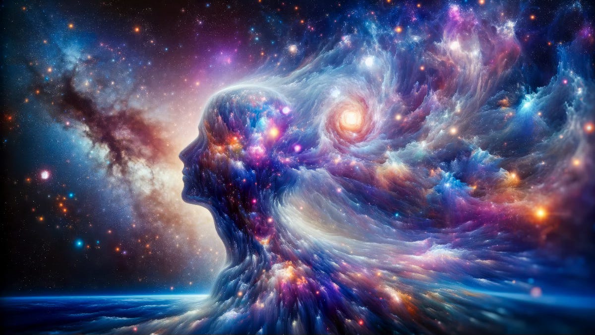 Image of space and stars merging with a human head. Cosmic Awakening: The Nexus of Self-Realization and Radiant Illumination within the Human Mind