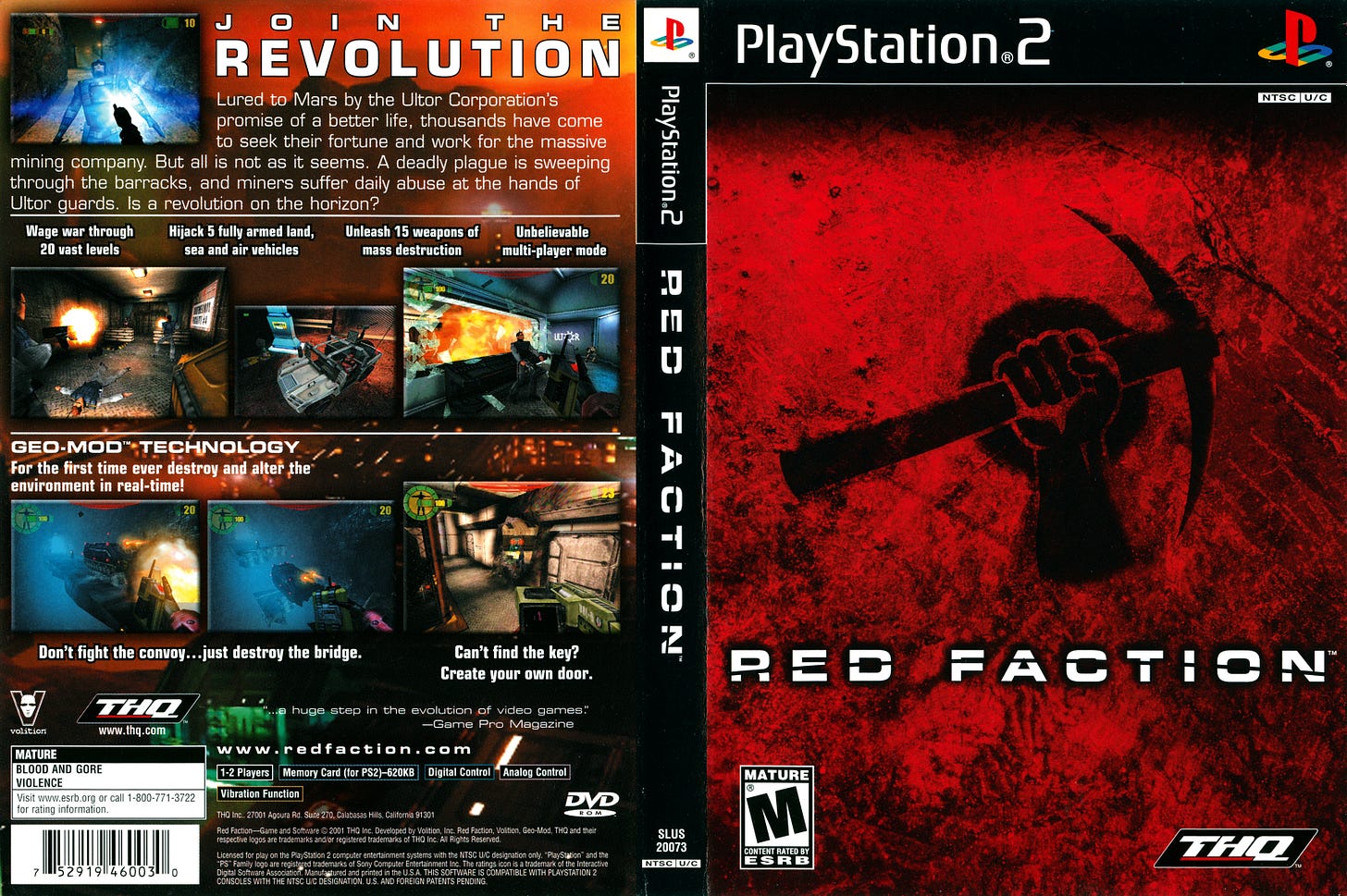 The full back and front box art for the Playstation 2 version of Red Faction. The tagline on the back says "Join the Revolution" in larger text, before explaining that the promise of a better life on Mars was a lie to enrich the powerful mining that controls the planet. The front of the box features a modified version of the image used in Soviet art, which is usually holding a hammer or a sickle here, but is instead holding a pickax to represent the miners at the center of the game.